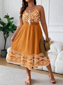 SHEIN LUNE Đầm Plus Size mép Trọn gói Dải chun Hình học Boho - trái cam - Xem 7