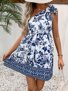 SHEIN Váy bầu in hoa thắt nút cổ bất đối xứng có thắt lưng - Xanh và trắng - Xem 3