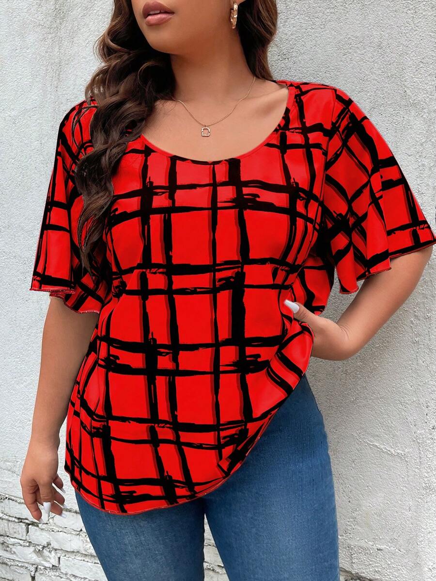 SHEIN LUNE Áo sơ mi Plus Size Sọc ca rô Giải trí - Đỏ - Xem 1
