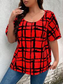 SHEIN LUNE Áo sơ mi Plus Size Sọc ca rô Giải trí - Đỏ - Xem 3