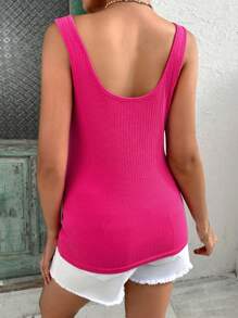 SHEIN Maternity Ribbed Knit Notched Neck Tank Top - Hot Pink - View 2