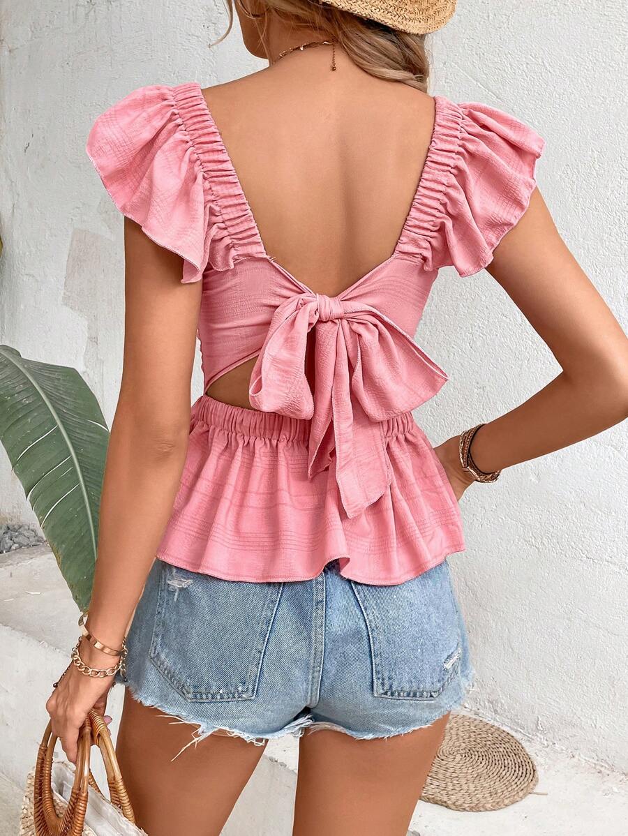 SHEIN Frenchy Tie Back Ruffle Trim Peplum Blouse - Pink - View 1