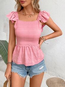 SHEIN Frenchy Tie Back Ruffle Trim Peplum Blouse - Pink - View 3