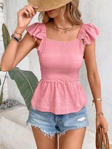 SHEIN Frenchy Tie Back Ruffle Trim Peplum Blouse - Pink - View 6