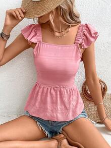 SHEIN Frenchy Tie Back Ruffle Trim Peplum Blouse - Pink - View 7