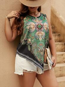 SHEIN VCAY Plus Size Boho Paisley Print Asymmetrical Hem Tank Top, For Summer - Army Green - View 3