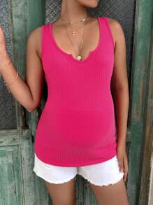 SHEIN Maternity Ribbed Knit Notched Neck Tank Top - Hot Pink - View 3