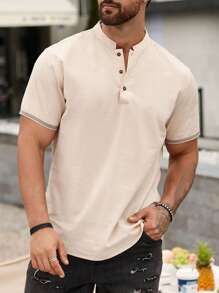 Manfinity Homme Lỏng lẻo Nam Nút Nửa Curved Hem Áo sơ mi - Màu Khaki - Xem 1