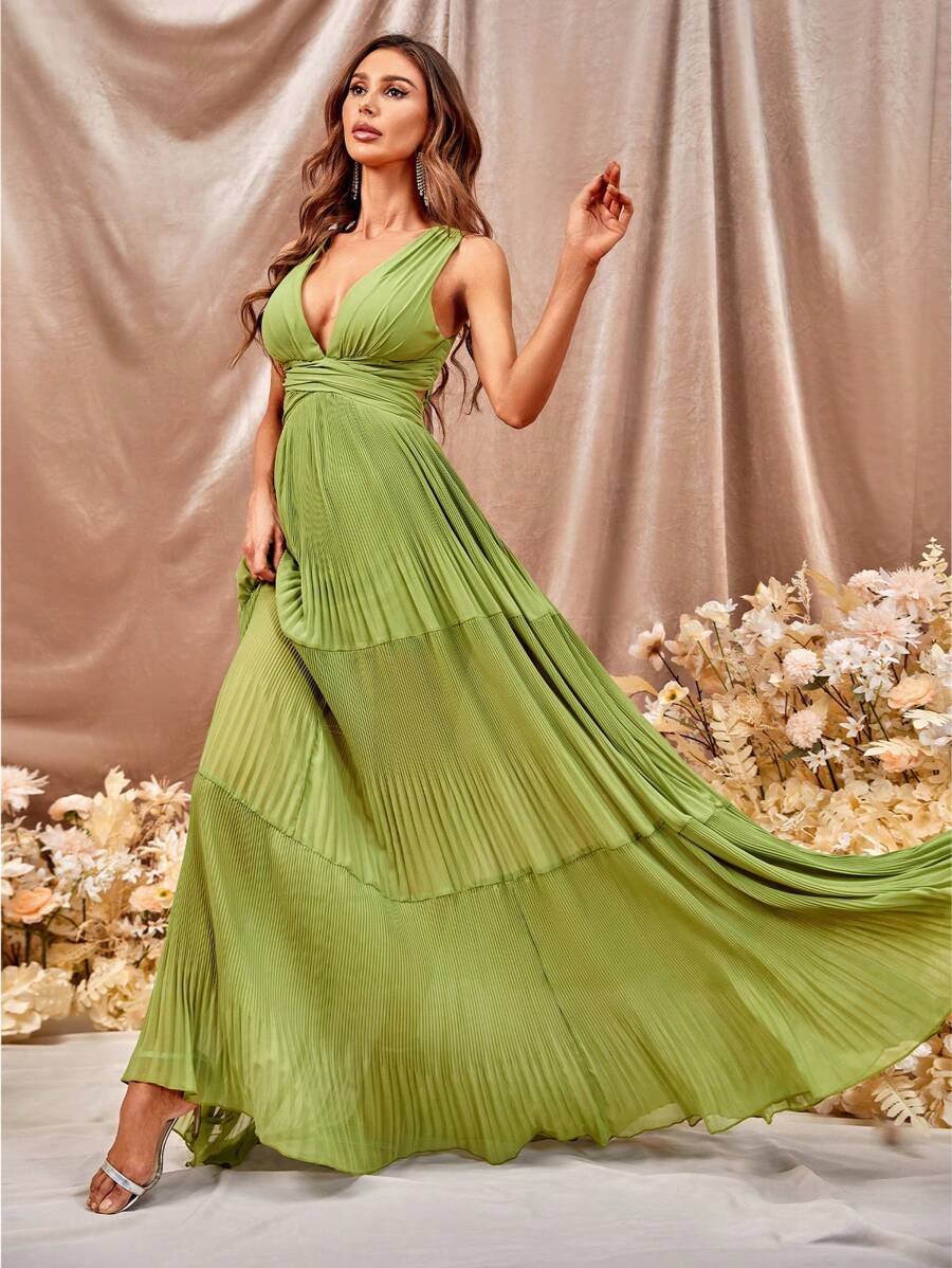 Plunge Neck Ruched Waist Ruffle Hem Dress - Green - View 1