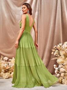 Plunge Neck Ruched Waist Ruffle Hem Dress - Green - View 2