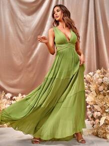 Plunge Neck Ruched Waist Ruffle Hem Dress - Green - View 3