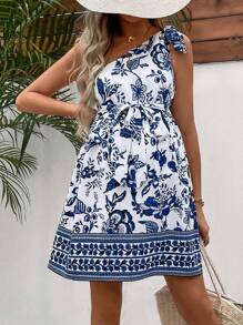 SHEIN Váy bầu in hoa thắt nút cổ bất đối xứng có thắt lưng - Xanh và trắng - Xem 1