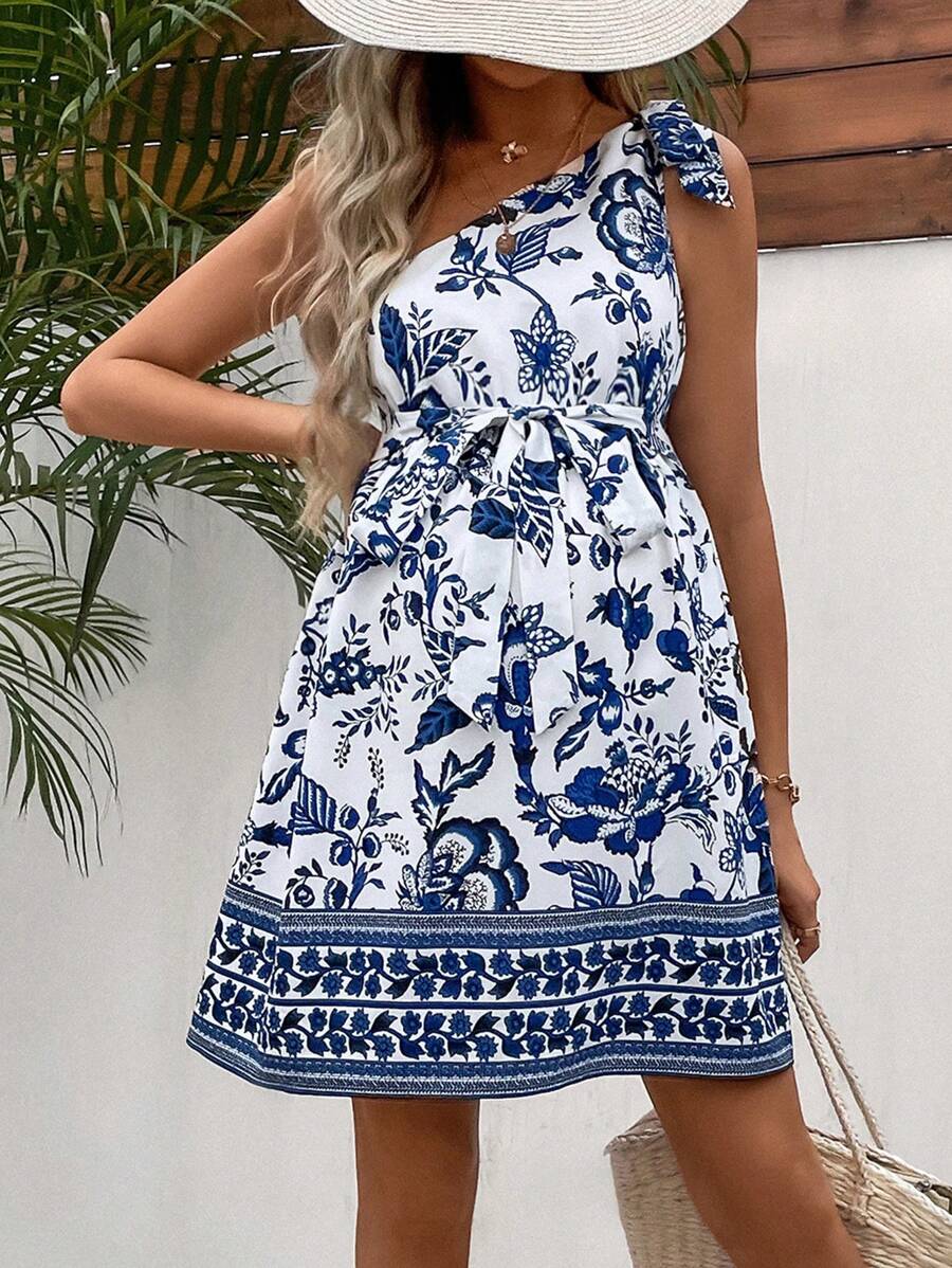SHEIN Váy bầu in hoa thắt nút cổ bất đối xứng có thắt lưng - Xanh và trắng - Xem 1