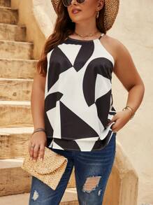 SHEIN LUNE 大碼幾何印花掛脖上衣 - 黑與白 - 查看 2