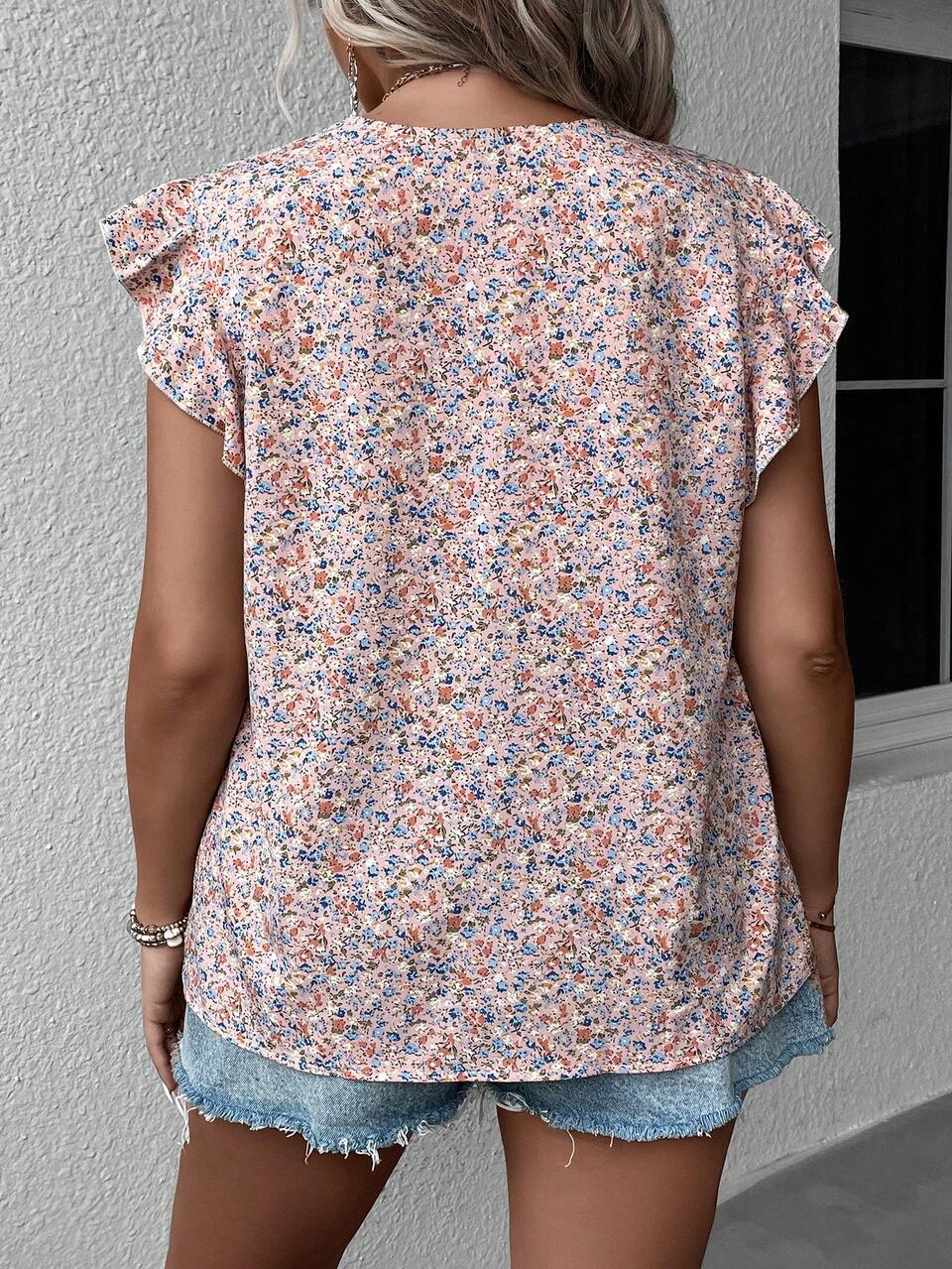 Plus Ditsy Floral Print Ruffle Sleeve Blouse, Summer