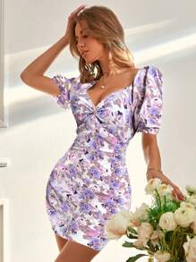 Chiquease Floral Print Twist Sweetheart Neck Puff Sleeve Bodycon Dress - White - View 6