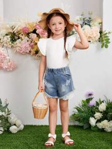 SHEIN 1 chiếc áo thun thêu lỗ trang trí viền ren cho bé gái - trắng - Xem 6
