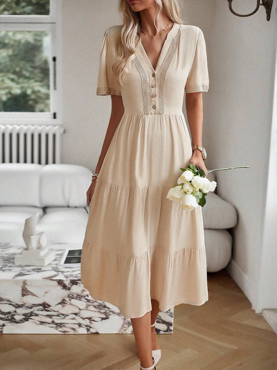 SHEIN LUNE 蕾絲拼接多層下擺娃娃裙 - 杏色 - 查看 1