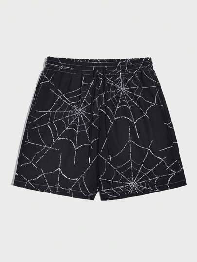 Goth Men Spider Web Print Drawstring Waist Shorts, Halloween
