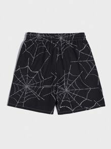 ROMWE MEN Goth Pantalones Cortos De Cintura Con Cordón Y Estampado De Tela De Araña Para Hombre