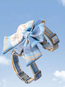 1入組格紋圖案蝴蝶結裝飾寵物背帶和1条皮带 - 淺藍色 - 查看 4