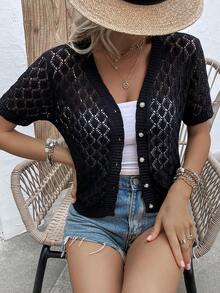 女士休闲V领短袖针织罩衫，宽松镂空设计，适合春夏海滩度假，简约复古风格，随机图案，适合返校季和秋季穿着，黑色 - 黑色 - 查看 3