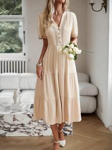 SHEIN LUNE 蕾絲拼接多層下擺娃娃裙 - 杏色 - 查看 5