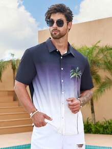 Manfinity RSRT Men Plus Coconut Tree Print Ombre Shirt - Black and White - View 5
