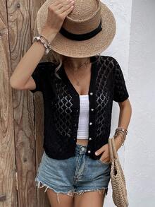 女士休闲V领短袖针织罩衫，宽松镂空设计，适合春夏海滩度假，简约复古风格，随机图案，适合返校季和秋季穿着，黑色 - 黑色 - 查看 6