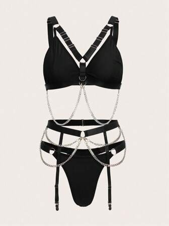 Goth Dark Gothic College Style 3-Piece Set: Triangle Bralette, G-String Panty, And Garter Belt - Sexy Lingerie