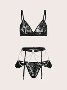 ROMWE Goth 印花鏈條裝飾吊帶襪內衣套裝 - 黑色 - 查看 1