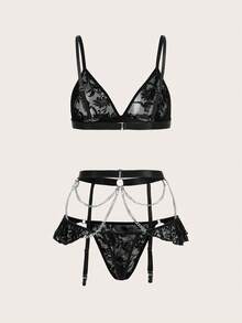 ROMWE Goth 印花鏈條裝飾吊帶襪內衣套裝 - 黑色 - 查看 2