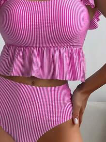 SHEIN Swim Summer Beach Striped Ruffle Trim High Waisted Tankini - Hot Pink - View 3