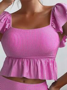 SHEIN Swim Summer Beach Striped Ruffle Trim High Waisted Tankini - Hot Pink - View 4