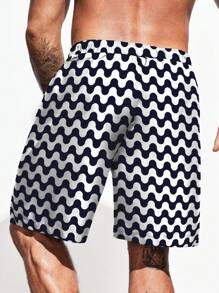 男士波浪條紋腰部抽繩短褲 - 黑與白 - 查看 2