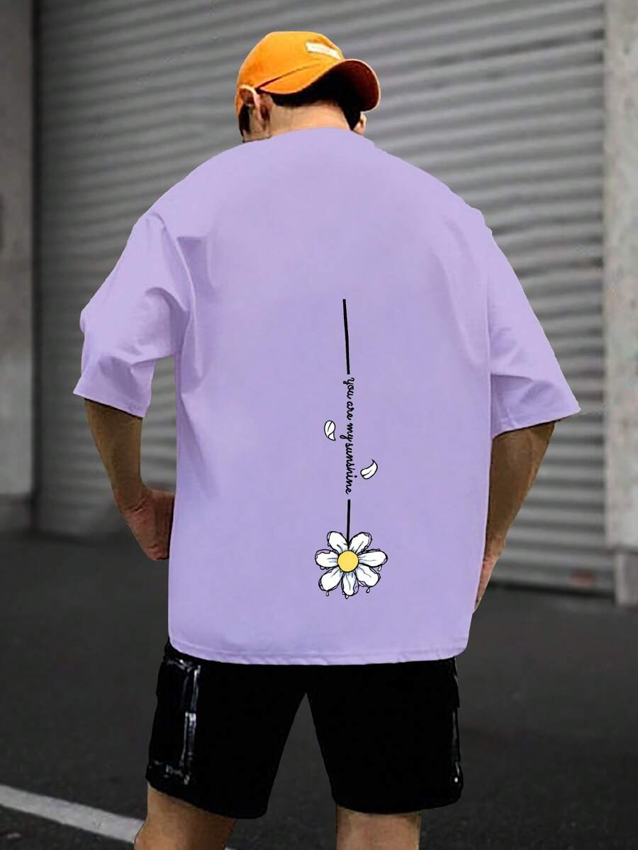 Manfinity Hypemode Loose Fit Men Floral & Slogan Graphic T-Shirt - Lilac Purple - View 1