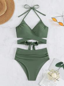 SHEIN Swim Bañador bikini halter unicolor fruncido - Verde militar - Ver 4