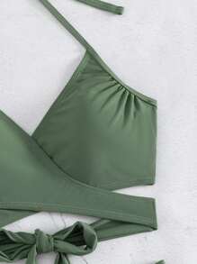 SHEIN Swim Bañador bikini halter unicolor fruncido - Verde militar - Ver 5