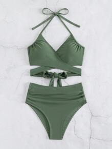 SHEIN Swim Bañador bikini halter unicolor fruncido - Verde militar - Ver 6