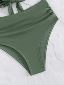 SHEIN Swim Bañador bikini halter unicolor fruncido - Verde militar - Ver 7