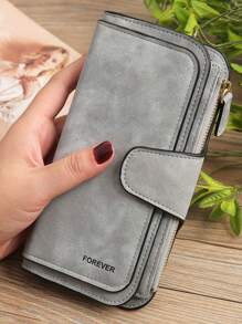 Cartera con pliegue triple con cremallera de detalles en gris, ideal para trabajadores de cuello blanco, para mujeres, estudiantes universitarios, oficina y negocios, para conmutar, como regalo de aniversario, San Valentín, cumpleaños u otras ocasiones para mujeres