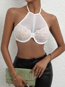 SHEIN Allurite Contrast Lace Tie Backless Halter Top - White - View 1