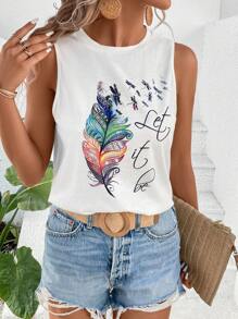 SHEIN LUNE Colorful Feather Shape Decor Casual Knit Regular Fit Women's Tank Top For Summer With Round Neckline Let It Be