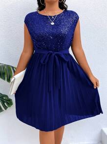 SHEIN Clasi Đầm Plus Size ghép mộng kim sa Xếp li Thắt lưng màu trơn Buổi tiệc - Xanh đậm - Xem 1