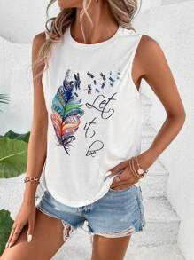 SHEIN LUNE Colorful Feather Shape Decor Casual Knit Regular Fit Women's Tank Top For Summer With Round Neckline Let It Be