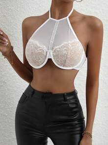 SHEIN Allurite Contrast Lace Tie Backless Halter Top - White - View 5