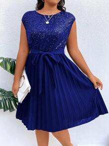 SHEIN Clasi Đầm Plus Size ghép mộng kim sa Xếp li Thắt lưng màu trơn Buổi tiệc - Xanh đậm - Xem 3