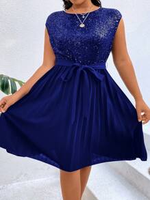 SHEIN Clasi Đầm Plus Size ghép mộng kim sa Xếp li Thắt lưng màu trơn Buổi tiệc - Xanh đậm - Xem 4