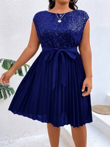 SHEIN Clasi Đầm Plus Size ghép mộng kim sa Xếp li Thắt lưng màu trơn Buổi tiệc - Xanh đậm - Xem 5