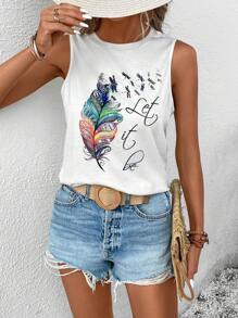 SHEIN LUNE Colorful Feather Shape Decor Casual Knit Regular Fit Women's Tank Top For Summer With Round Neckline Let It Be